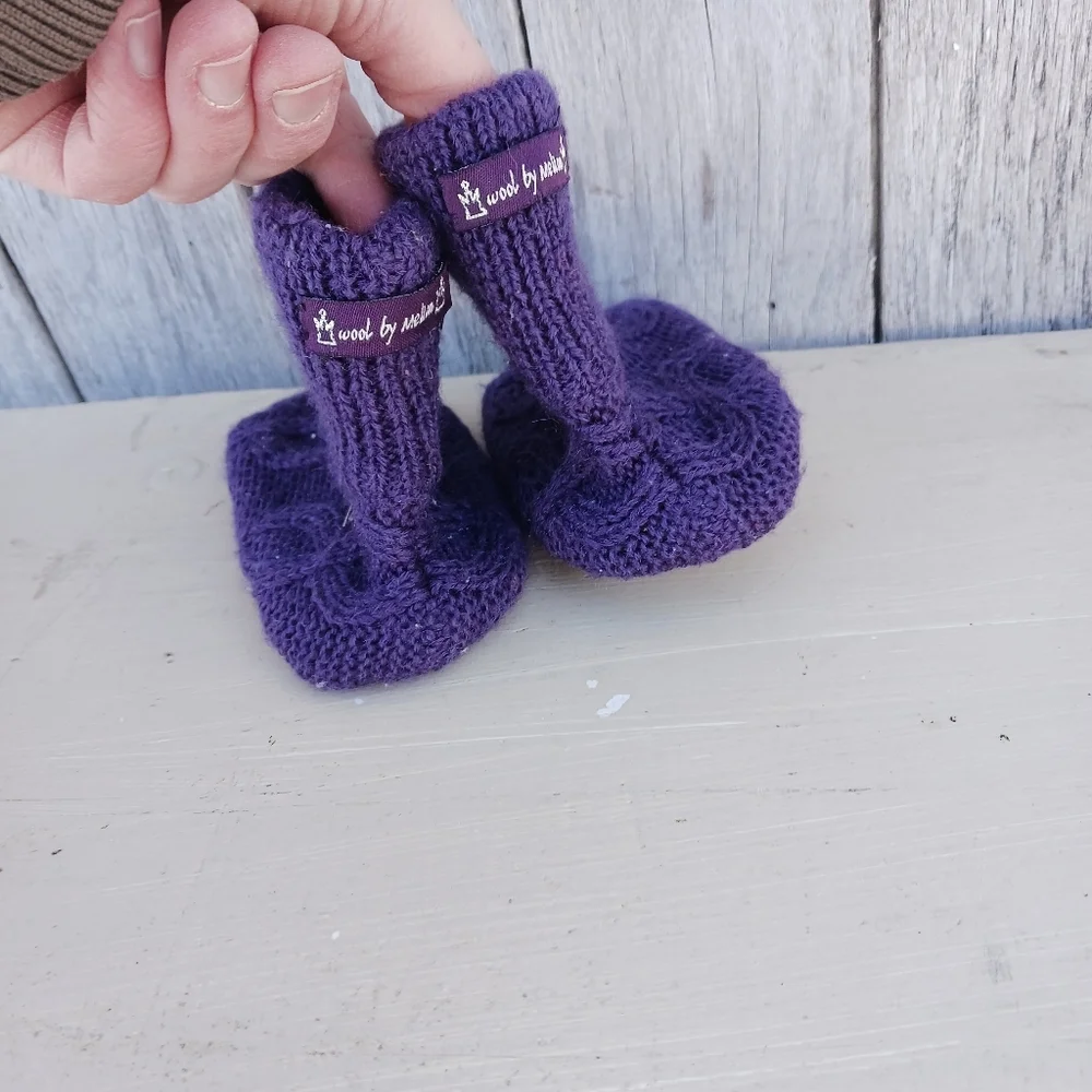 Melton Children Knitted Wool‎ Booties/Slippers Purple Leather Bottom OS It's a
